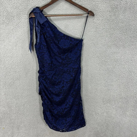 Sam Edelman Bodycon Dress Womens 8 Blue Lace Overlay‎ Ruched Party Event Y2K - Picture 1 of 11